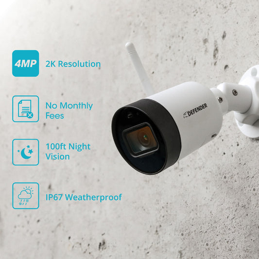 Defender Guard 4 Megapixel (2K) Resolution Wi-Fi IP Security Camera with Mobile Viewing, Audio Recording and No Monthly Fees