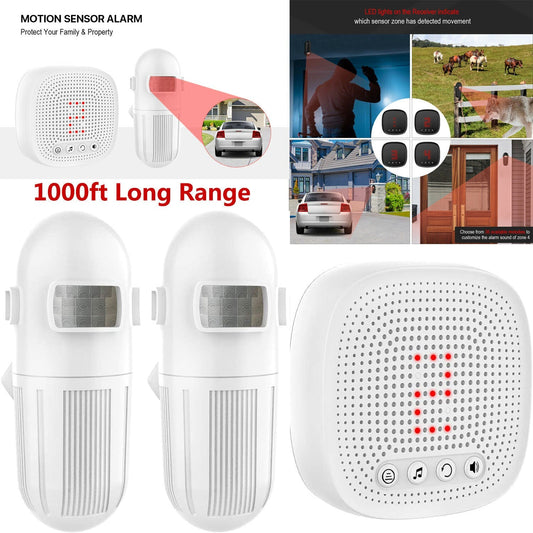 2020 [New Version] 1000ft Long Range Wireless Driveway Alarm, Motion Sensor & Detector, 36 Melodies, Outdoor Weather Resistant - Home Security Alert System (White One Receiver Two Sensors)