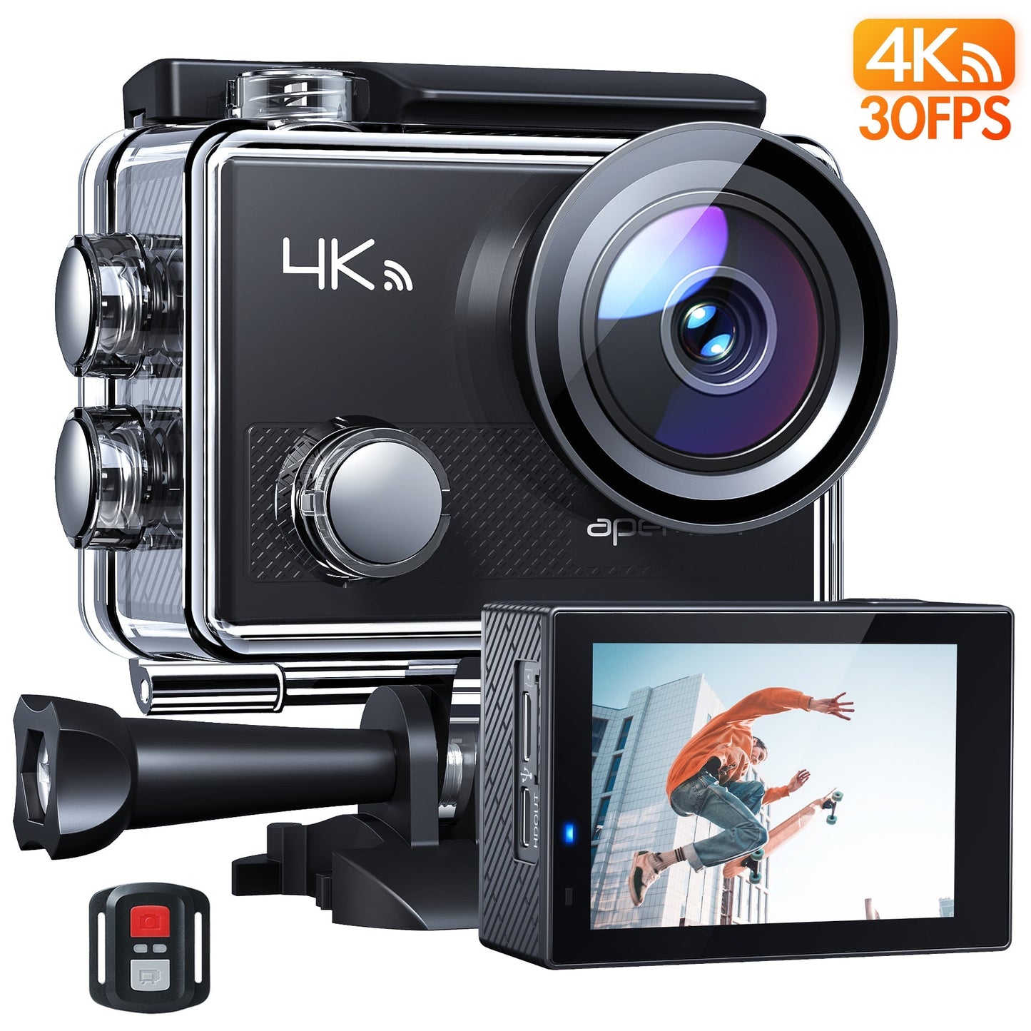 APEMAN 4K Action Camera, 20MP Wi-Fi Waterproof, 2 inch 170 Degree Hyper Stabilization Sport Camera with 20 Accessories and Remote Control