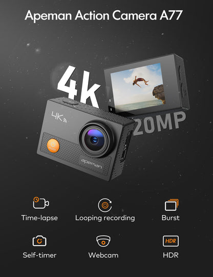 APEMAN 4K Action Camera, 20MP Wi-Fi Waterproof, 2 inch 170 Degree Hyper Stabilization Sport Camera with 20 Accessories and Remote Control