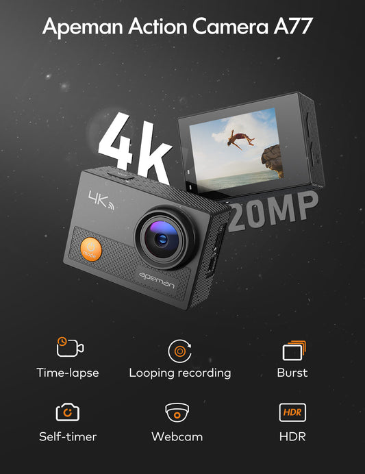 APEMAN 4K Action Camera, 20MP Wi-Fi Waterproof, 2 inch 170 Degree Hyper Stabilization Sport Camera with 20 Accessories and Remote Control